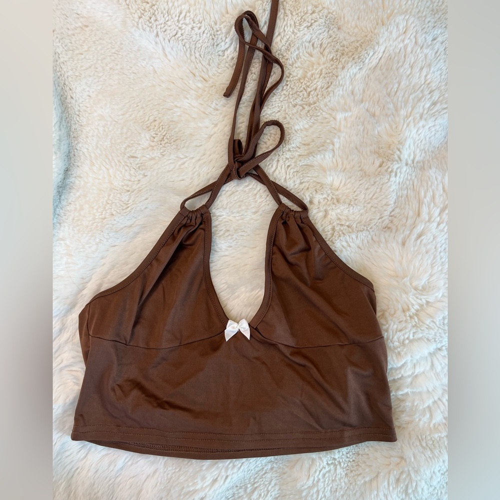 Brown crop tube top tie around neck